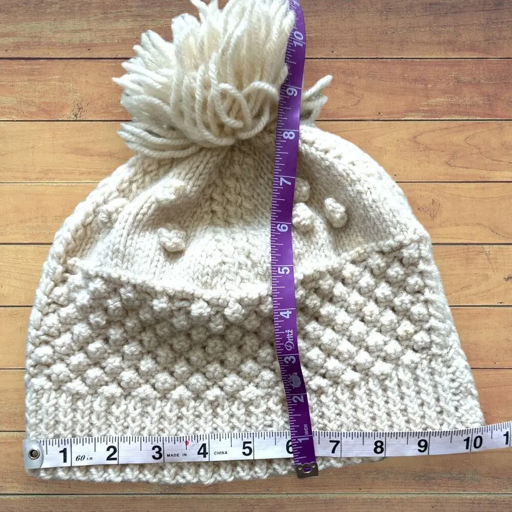 Vintage Knitted Wool Beanie with Poof Ball Bone White - Picture 4 of 4